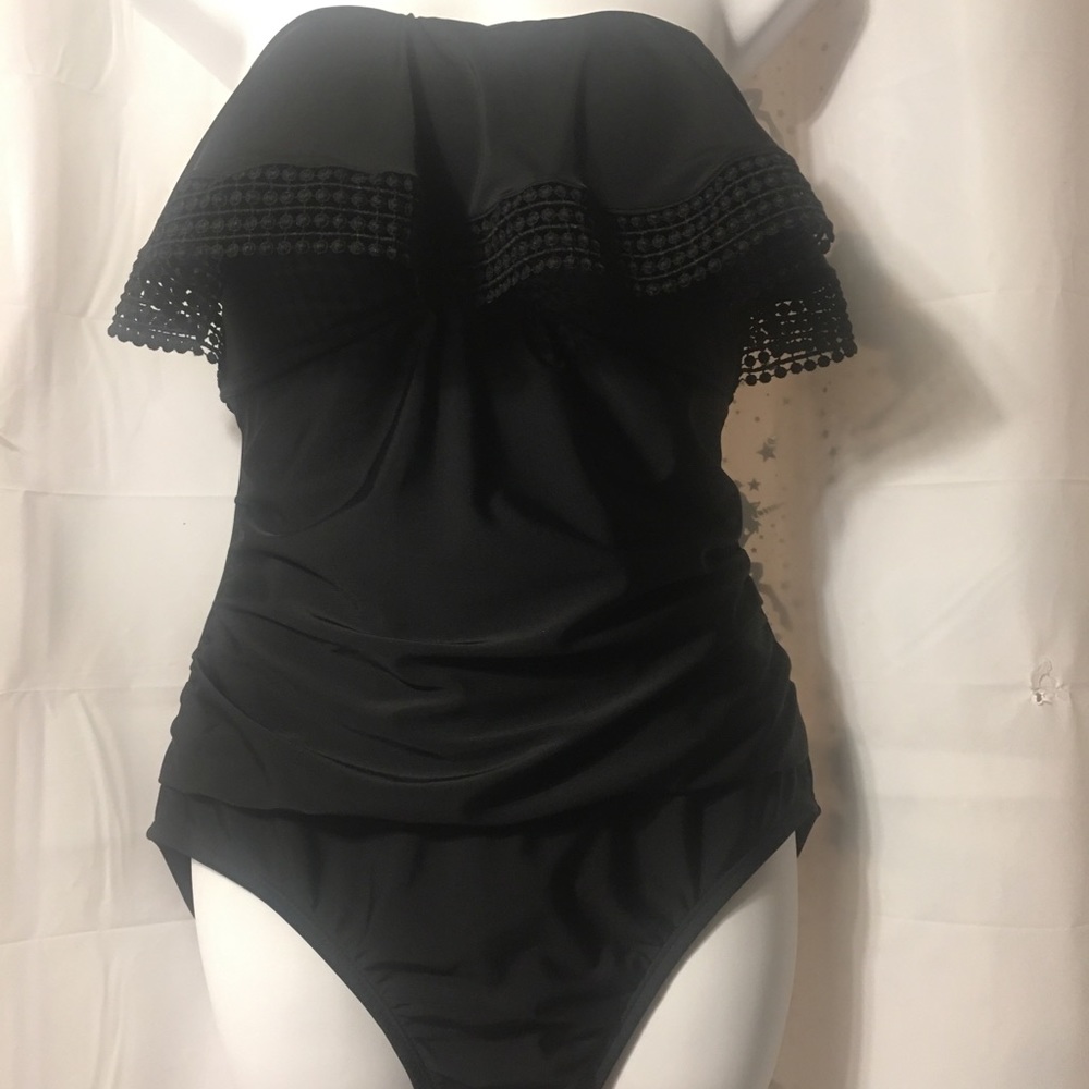 One piece high coverage ruffle top black